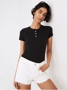 Madewell Black Ribbed Short Sleeve Henley Bodysuit Thong Cut S